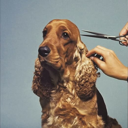 A spaniel having its ear fur trimmed with scissors
